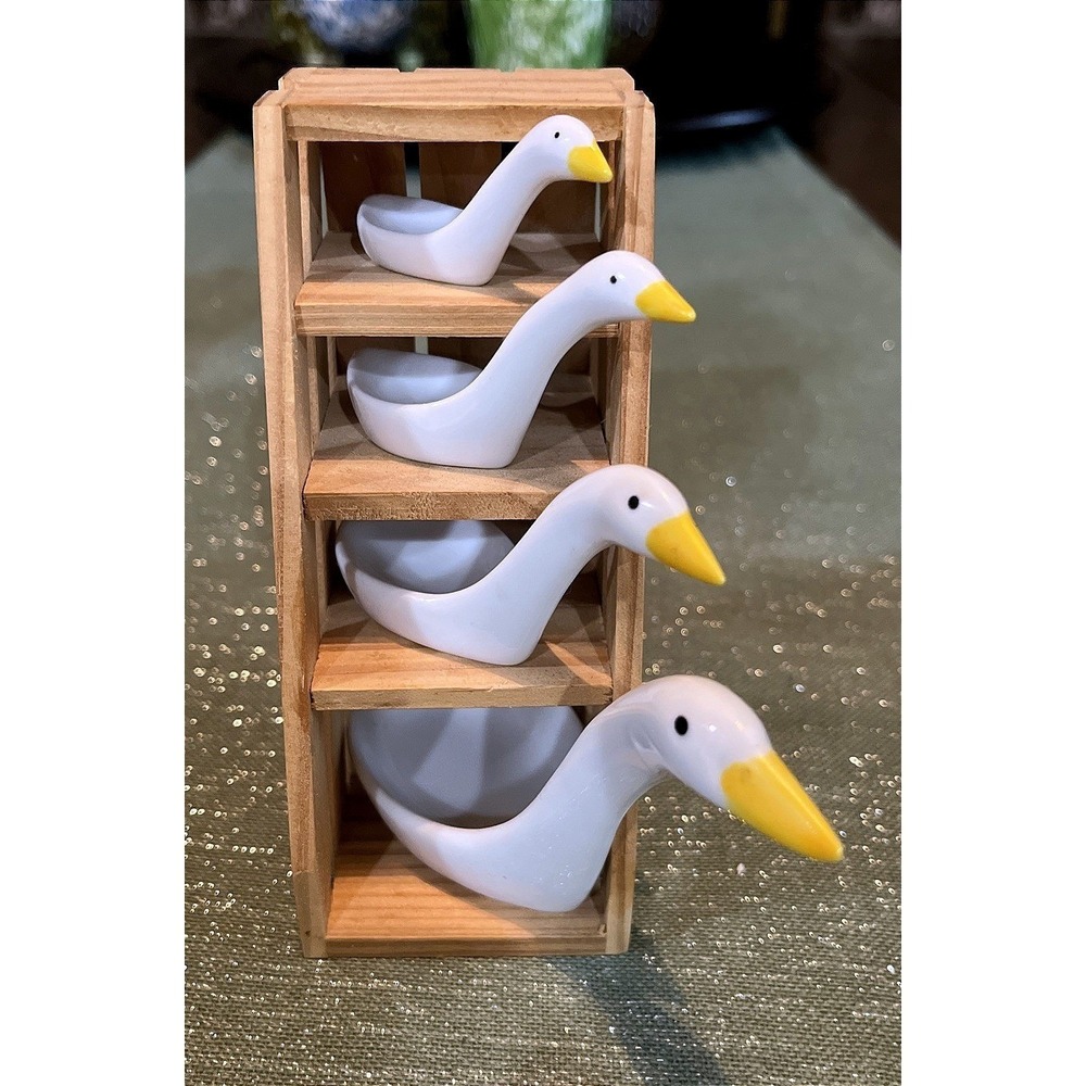 Vintage Avon Products Ceramic Goose Duck Measuring Spoons w Wood Display Stand